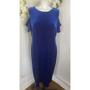 Calvin Klein Sheath Velvet Dress Womens Size 14 Solid‎ Royal Blue Cold Shoulder